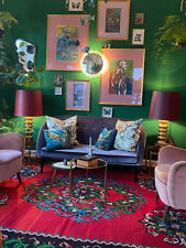 2er Sofa, blau, Samt, 50er Jahre Style, schwarze Holzbeine, Auflage abnehmbar