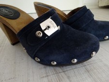 Dr Scholl Holz Pantoletten Sabots Gr 37 dunkelblau Wildleder Clogs hoher Absatz