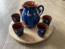 Saftkrug mit 6 Bechern Keramik blau Blumenmuster Tonkrug Trinkbecher