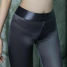 DAMEN Nass Glanz Zipper Open Crotch Leggings Shiny Sheer Satin Trousers Pants