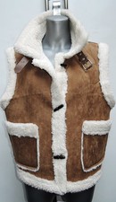 STYLISHE SHERPA WESTE FELLWESTE FAKE FUR KUNST PELZ LEDER  JACKE BRAUN CREME