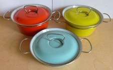 MES 3 KOCHTÖPFE ROT GELB BLAU EMAILLE BUNTSTAHL 50ER JAHRE
