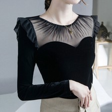 Damen Netz Splice Samt Bluse Oberteil Rüschen Arm T-Shirt Rundhals Elegant Works