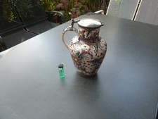 Vintage Keramik Krug Kanne mit Zinndeckel Bauernmalerei Volkskunst Handbemalt