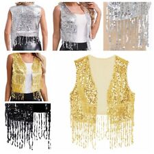 Damen Top 70er Jahre Weste Jacke Western Disco Pailletten Offene Front Shiny