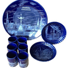HAMBURG Vintage Porzellan Andenken Souvenir  Wandteller & Stamper 9 tlg. Set