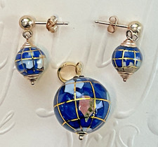 14K Gold Lapislazuli Kugel Ohrringe & Anhänger Set Edelstein Inlay Weltkarte Neu