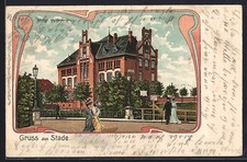 Lithographie Stade, Königl. Gymnasium mit Passanten 1903 