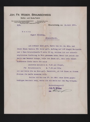 Braunschweig brief 1921 joh - braunschweig,,