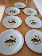 7 flache Teller weiss Fisch Dekor Service Wunsiedel Bavaria Porzellan Vintage