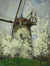 Gouache auf Karte einer Mühle und Apfelblüte