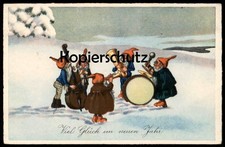ALTE POSTKARTE ZWERGE MACHEN MUSIK NEUJAHR KONZET KAPELLE KONTRABASS POSAUNE TRO