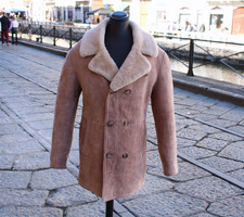 Herren Lammfell ledermantel shearling beige vintage 70s Größe 2XL