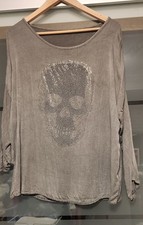DAMEN Bluse Shirt Totenkopf Skull Strass Glitzer Grau Strass Onesize S-L Cutouts