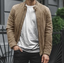 Thursday Herren Beige Full Zip Racer Wildleder Lederjacke Größe Large Slim Fit