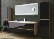 Badmöbel Set Eiche / Schwarz Hochglanz Badezimmermöbel komplett Set Bad 6tlg LED
