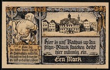 Notgeld Grabow i. Meckl., 1 Mark, Mann mit Golddukaten, Rathaus 