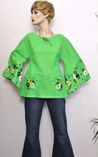 True Vintage 70s Tunika Glocke Canvas Mesh Leinen Shirtbluse Shirt Blumen bemalt