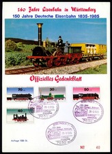 GEDENKBLATT 1985 BÖBLINGEN 100 JAHRE EISENBAHN IN WÜRTTEMBERG - AUFL. 1000! ub23
