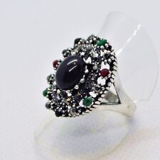 Art Deco Stil Spinell Saphir Rubin Smaragd Markasit Ring 925 Silber 18,1 mm 57