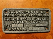 Typenschild Güldner Motorenwerke Aschaffenburg  Kleindiesel System Lanova 11 PS