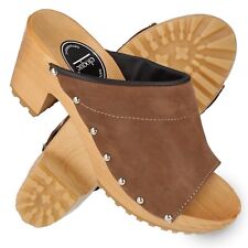 Damen Leder Clogs mit Absatz offene Holzschuhe Pantoletten in braun 35-41 Bodajk