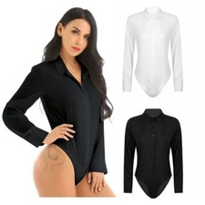 DE Damen Langarm Einteiler Business Arbeit Hemdbody mit Kragen Bodysuit Bluse