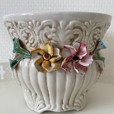 Bassano Keramik Blumenübertopf, vintage Übertopf Bassano mit bunten Blüten
