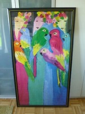 Bild von Walasse Ting / Thema 3 Frauen mit Papageien top gerahmtes Galeriebild !