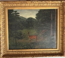 Ölgemälde „Rehe auf Lichtung“ Im Prunkrahmen von H.Happ