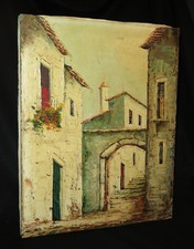 7213-Ölgemälde, Altstadt, Torbogen,tolle Tiefe, nicht datiert, auf Holzlatten.