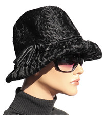 Pelz Hut Persianer Fell Kappe Mütze Vintage Schleife Lammfell Topf Eimer Schwarz