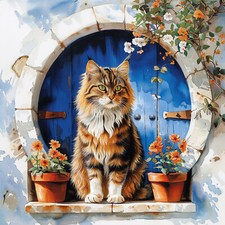 Deko Bild Katze Fenster Mediterran Wandbild Tiere Wanddeko Dekofliese Wandfliese