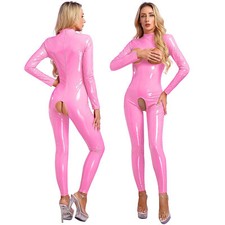 Damen Jumpsuit Metallischer Lackleder Aushöhlen Catsuit Overall Ganzkörperanzug