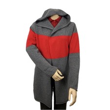 Franco Callegari Offene Lange Strickjacke Kapuzenpulli M Grau/rot 100 Schurwolle