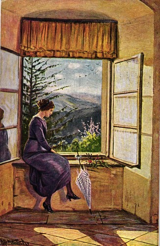 Dame mit schirm fenster - mit,