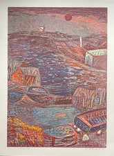 signierter Farbholzschnitt ,  Esteban Fekete ," Hafen "  Aufl. Nr. 434/999