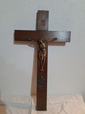 58x32 Kreuz Kruzifix Jesus Metall  Eiche Holz um 1950