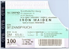 Iron Maiden + Megadeath Ticket 1999 Tour - Hamburg Sporthalle - Konzert Karte