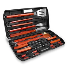 18 tlg Edelstahl Grillbesteck Grill Besteck mit Holzgriff Barbeque BBQ + Koffer