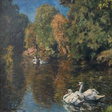 50 x 40 cm - Wilhelm Buddenberg (1890-1967) Ölgemälde 'Schwäne auf dem Wasser'