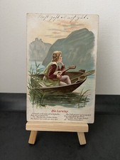 Antike Postkarte "Die Loreley", Gedicht, Zeichnung Mann im Boot m Gitarre, 1913