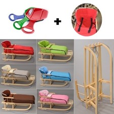 Holzschlitten mit Rückenlehne Höhe 38cm + Winterfußsack aus Holz 90cm und 108cm