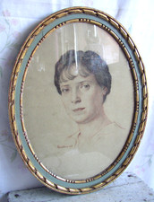 Frankreich antiker Bilderrahmen 1900 Holz vergoldet Rötelzeichnung Frau signiert