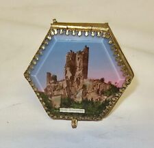 Vintage Messing-Schmuckdose Andenken Perlmuttbild Ruine Drachenfels 30er -303-