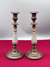 PAAR ANTIKE KERZENLEUCHTER JUGENDSTIL KUPFER MIT KERAMIK HANDBEMALT
