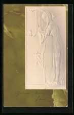 Präge-AK Frau spielt Harfe, Jugendstil 