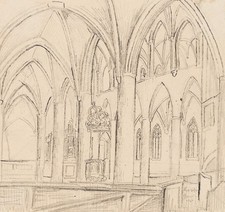 J. BARTH (1827-1859), Kircheninneres mit Kanzel,  1843, Bleistift Romantik