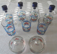 9 teiliges Set Glas Design blau 4 Flaschen,3 Gläser 2 Schälchen mit Deckel FM 4