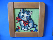 Katze Stickbild mit Rahmen Katzen Sammlerartikel cat cross stitch wooden framed